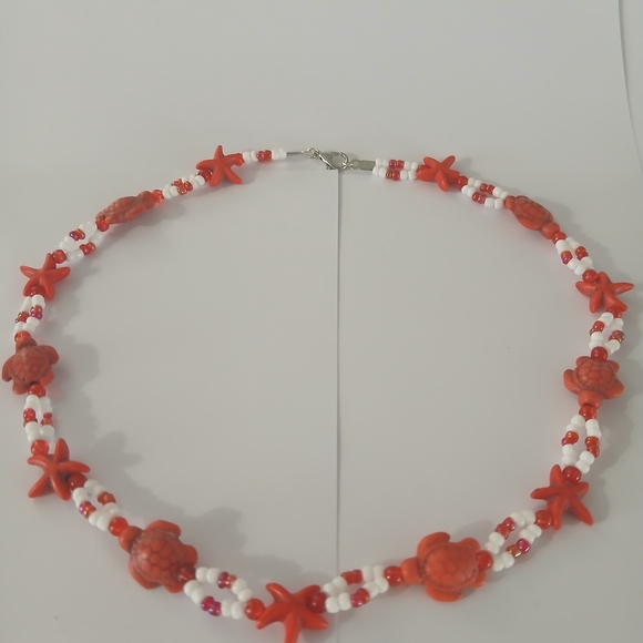 Floral Beaded Necklace - Red and White - Picture 1 of 4